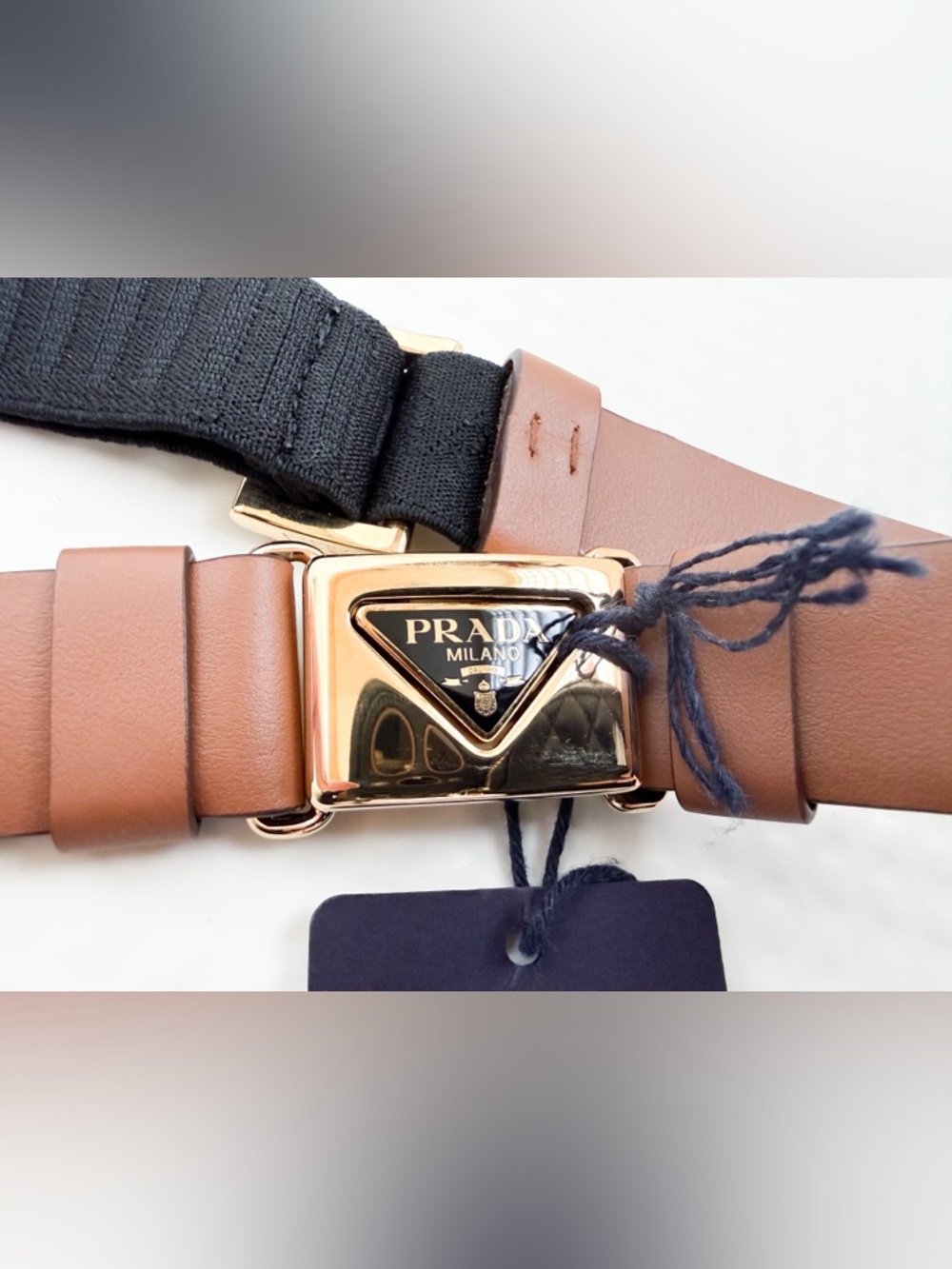 NWT Prada Leather Belt with Enameled Metal Triangle Logo (City Calf) in Cognac - Picture 5 of 14